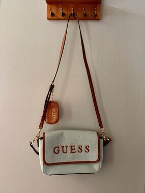 GUESS Brown-Trim Denim Canvas Crossbody Bag